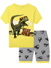Boys Dinosaur Print Pajama Set Short Sleeve T-Shirt and Shorts 2-8 Yrs