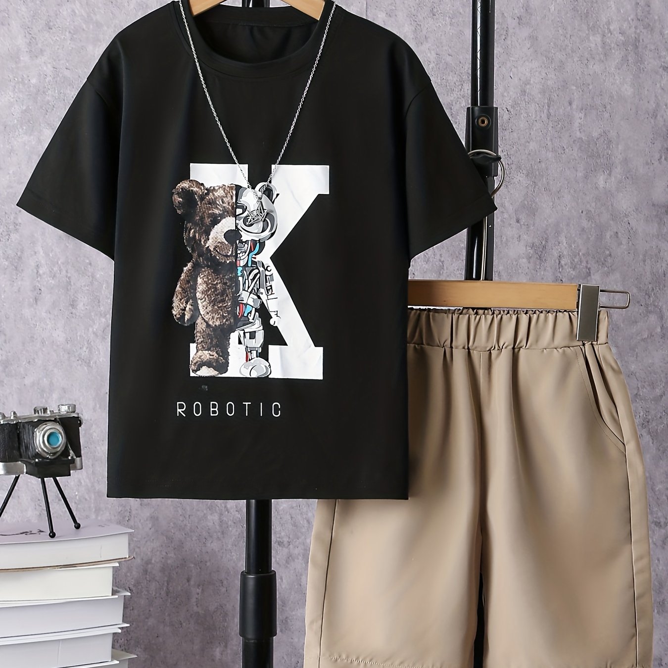 Boys K Robotic Bear Print Casual Outfit Round Neck T shirt & Shorts