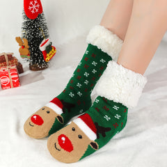 6 Pairs Christmas Print Plush Lined Socks Winter Warm Antiskid Floor Socks