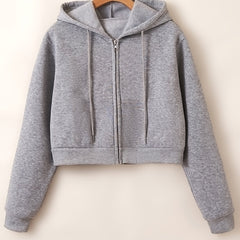 Drawstring Crop Hoodie Zip Up Long Sleeve