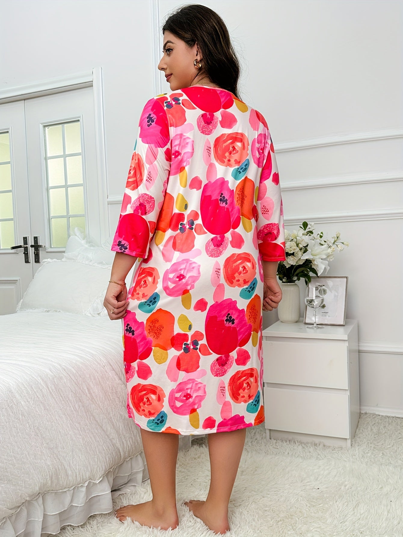 Floral Print Nightdress Three Quarter Sleeve