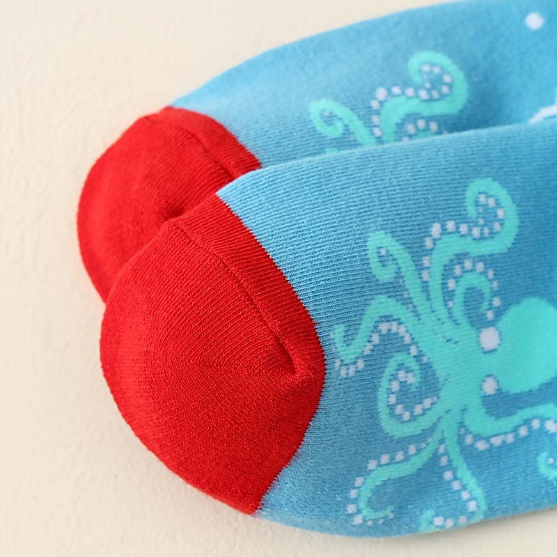 Men's Octopus Cartoon Pattern Crew Socks, Breathable Comfy Casual Unisex Socks
