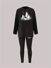 Ghost Cat Print PJ Set Women's Halloween Tee & Legging