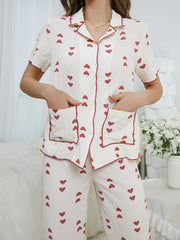 Heart Print Pajama Set Short Sleeve Top & Pants Women's Sleepwear