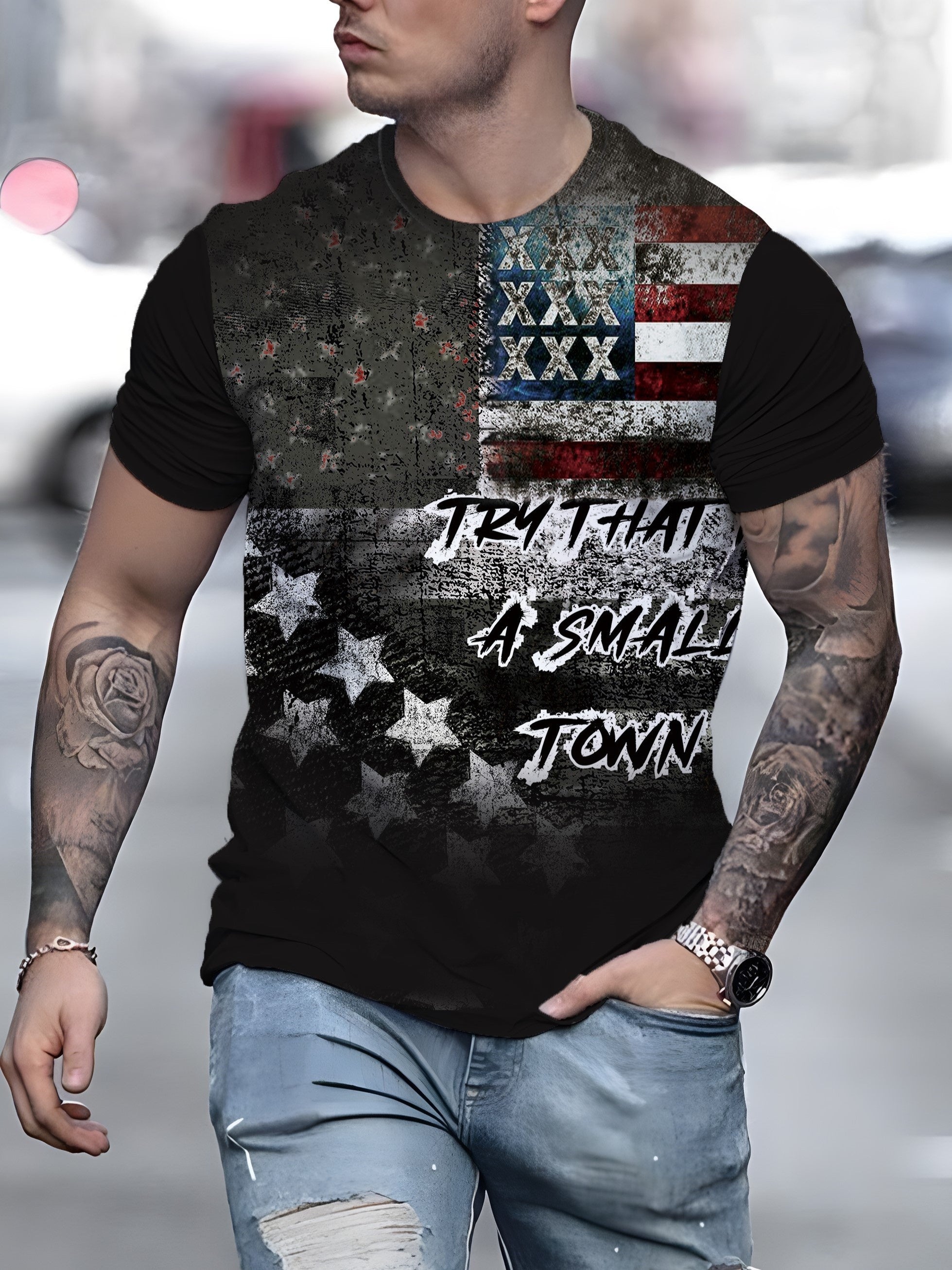 Flag Pattern Print Men's Short Sleeve T-shirt Graphic Tee