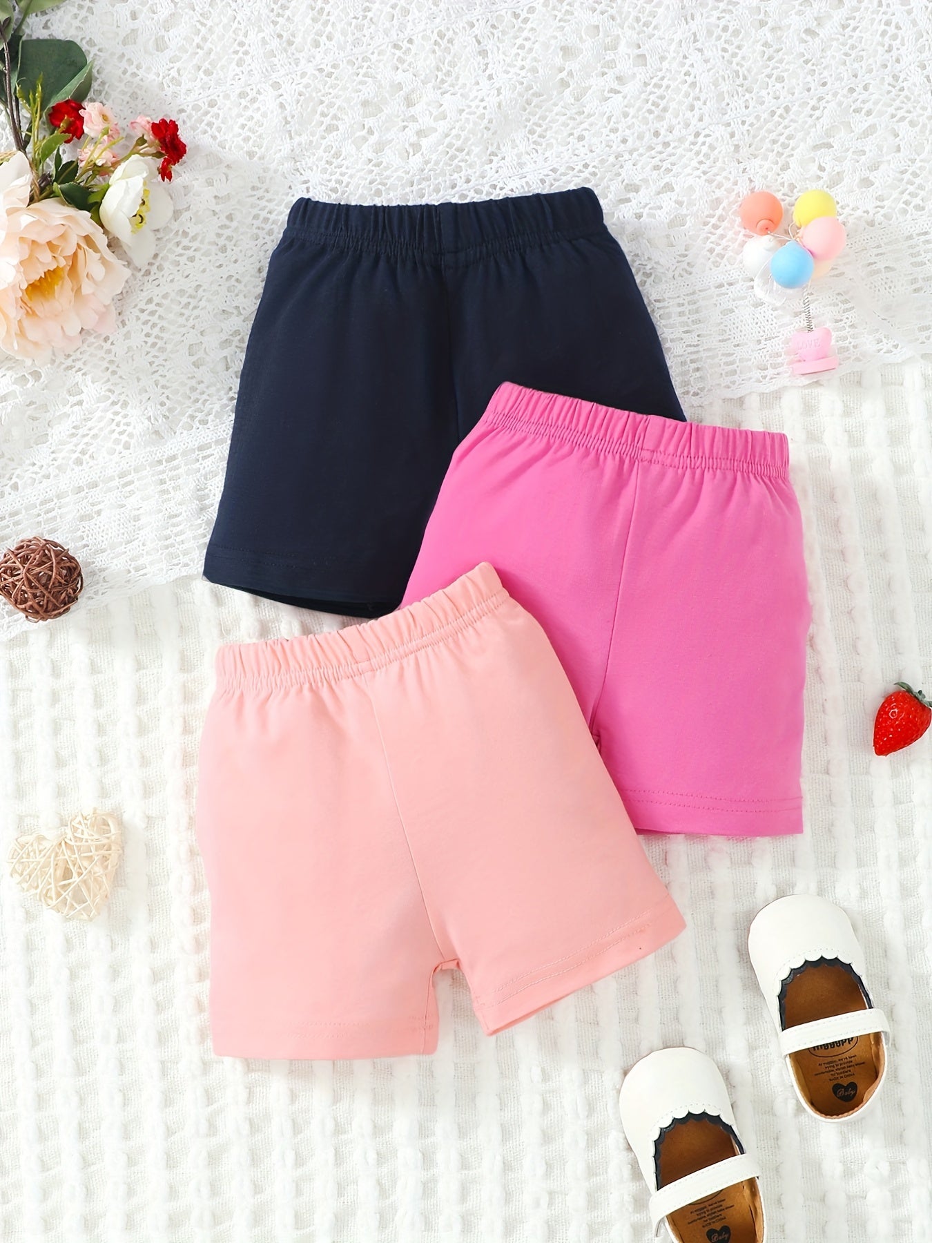 3pcs Baby Girl's Casual Elastic Waist Shorts Set For Summer
