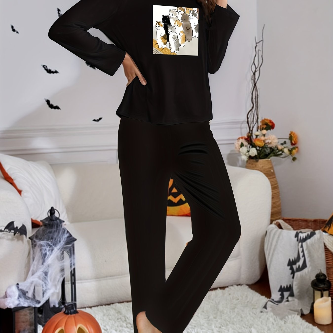 Cat Print Lounge Set Crew Neck Top & Pants Women's Sleepwear