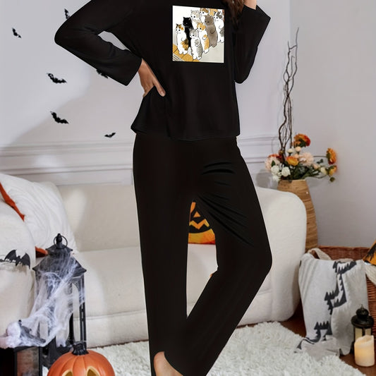 Cat Print Lounge Set Crew Neck Top & Pants Women's Sleepwear
