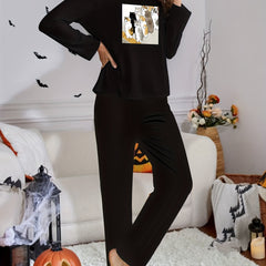 Cat Print Lounge Set Crew Neck Top & Pants Women's Sleepwear