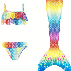 Girl's Mermaid Swimsuit 3pcs Bikini Set & Mermaid Tail Glitter Fish Scale Print