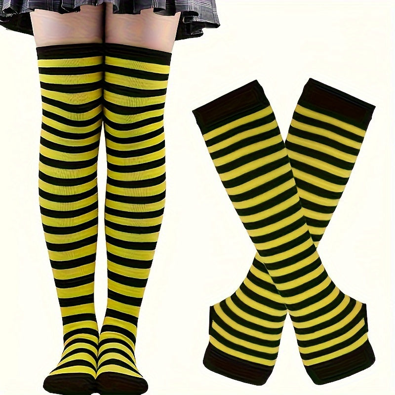 Colorful Striped Knitted Thigh Long Stockings & Gloves Set