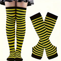 Colorful Striped Knitted Thigh Long Stockings & Gloves Set