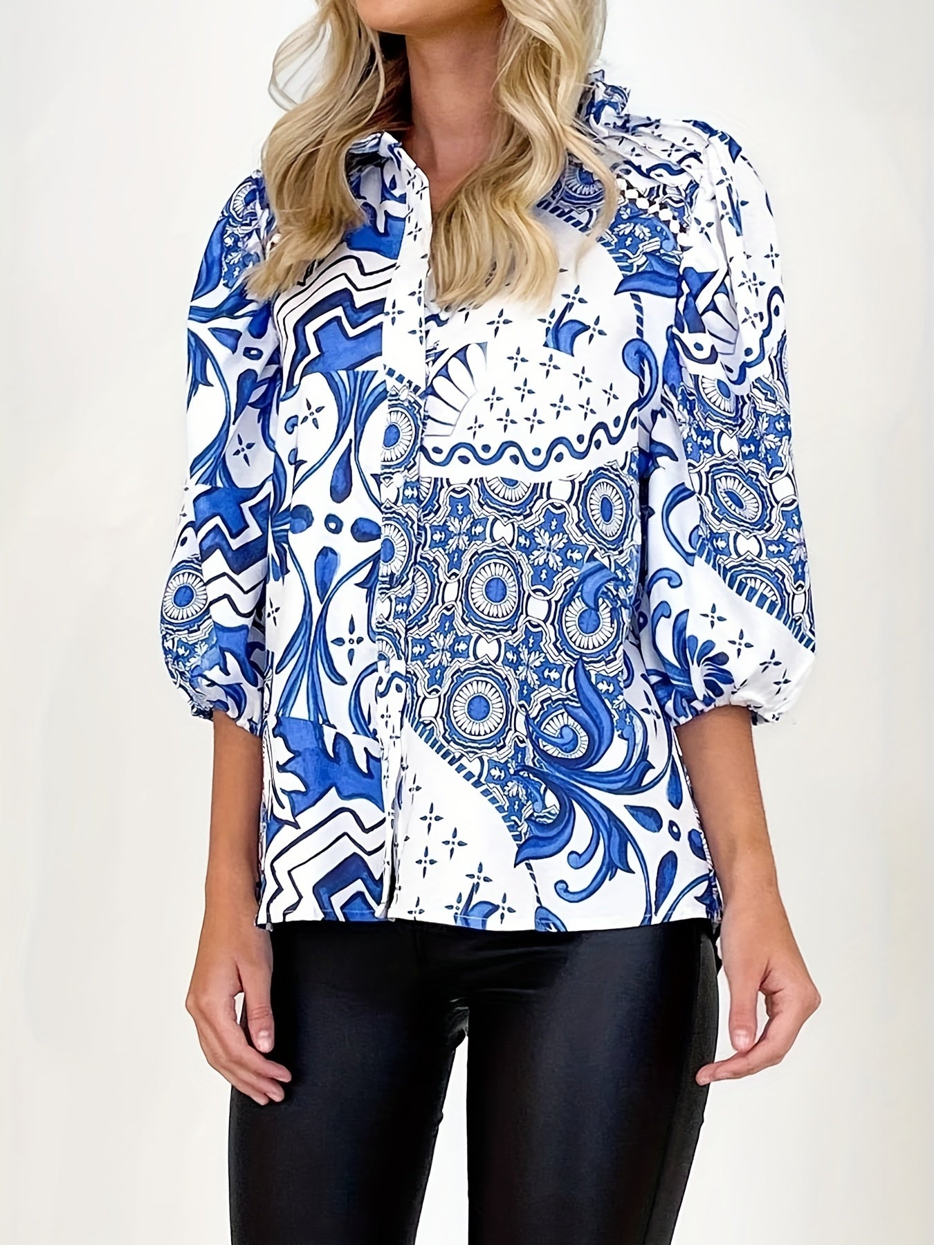 Plus Size Chinoiserie Print Long Sleeve Blouse