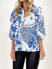Plus Size Chinoiserie Print Long Sleeve Blouse