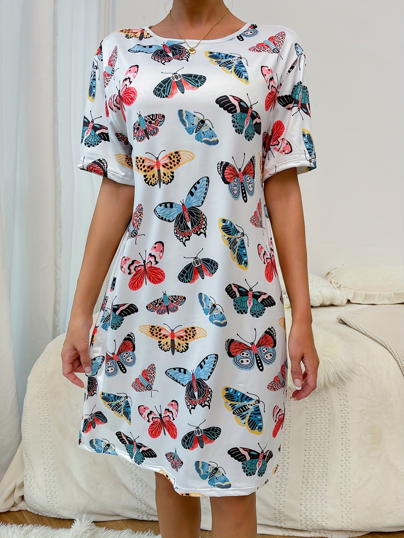 Butterfly Print Lounge Dress Soft & Comfy Short Sleeve Home Dress Women's Lounge
