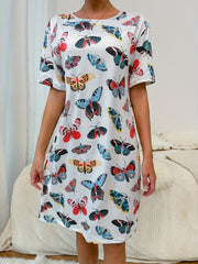 Butterfly Print Lounge Dress Soft & Comfy Short Sleeve Home Dress Women's Lounge