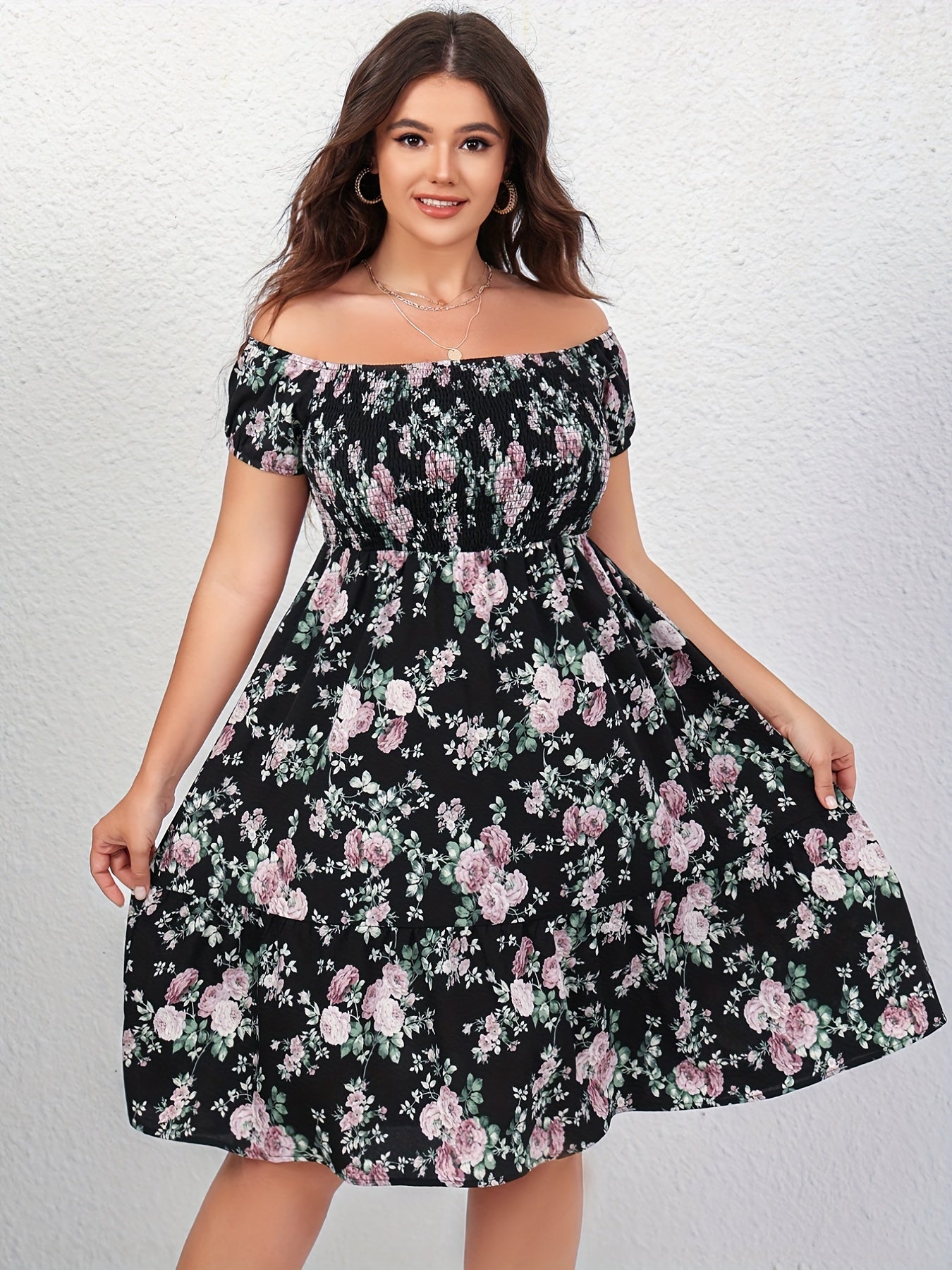 Floral Print Off Shoulder Dress Plus Size