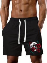 Skull & Rose Print Men's Activewear Drawstring Shorts