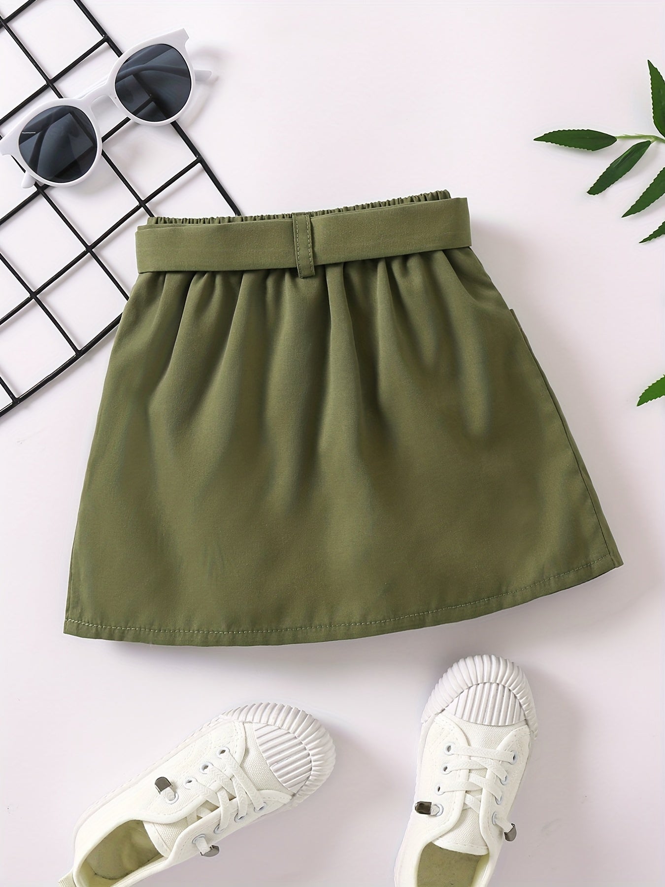 Girls Belted Skirt Casual Tunic Button Elastic Waist Preppy Skirts
