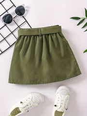 Girls Belted Skirt Casual Tunic Button Elastic Waist Preppy Skirts