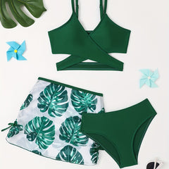 Girls Tropical Leaves Print Bikini Set with Cover Up