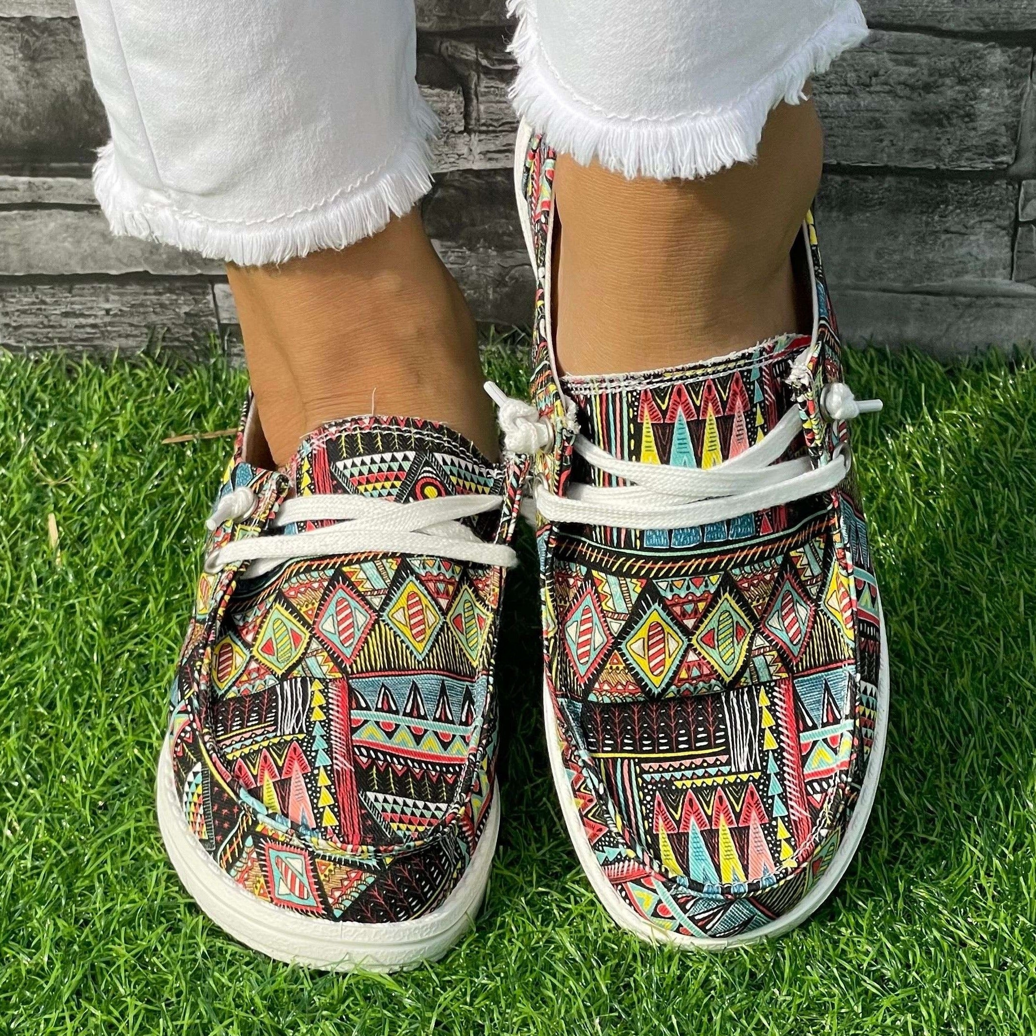 Ethnic Geometric Pattern Flat Shoes Women's Shallow Mouth Casual Shoes