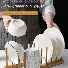 Bamboo Kitchen Organizer Plate Bowl Cup Pot Lid Cutting Board Drain Rack
