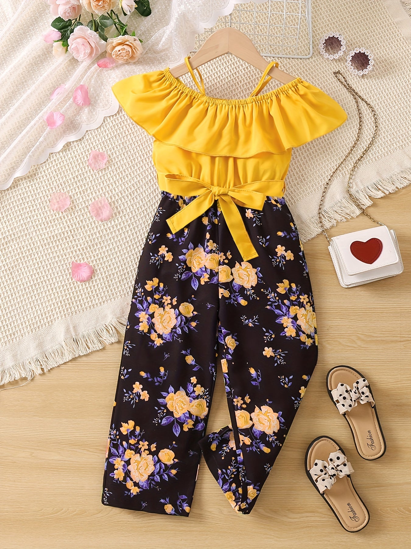 Girls Floral Puff Sleeve Romper, One Shoulder