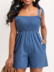 Solid Sleeveless Lace Up Ruched Romper