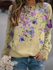 Butterfly Print Sweatshirt Crew Neck Long Sleeve Women's Clothing