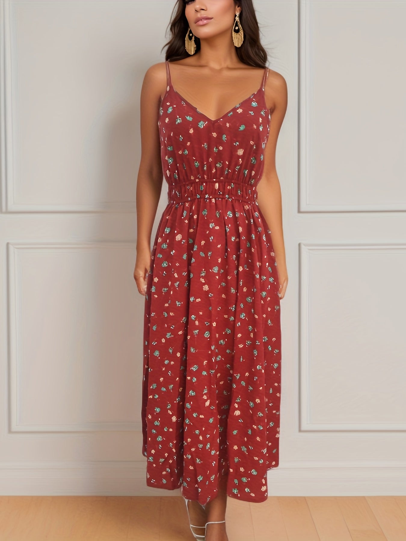 Floral Print Cami Maxi Dress V Neck Slim Waist
