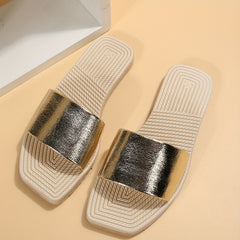 Women's Square Toe Slide Sandals Casual Slip On Flat Shoes