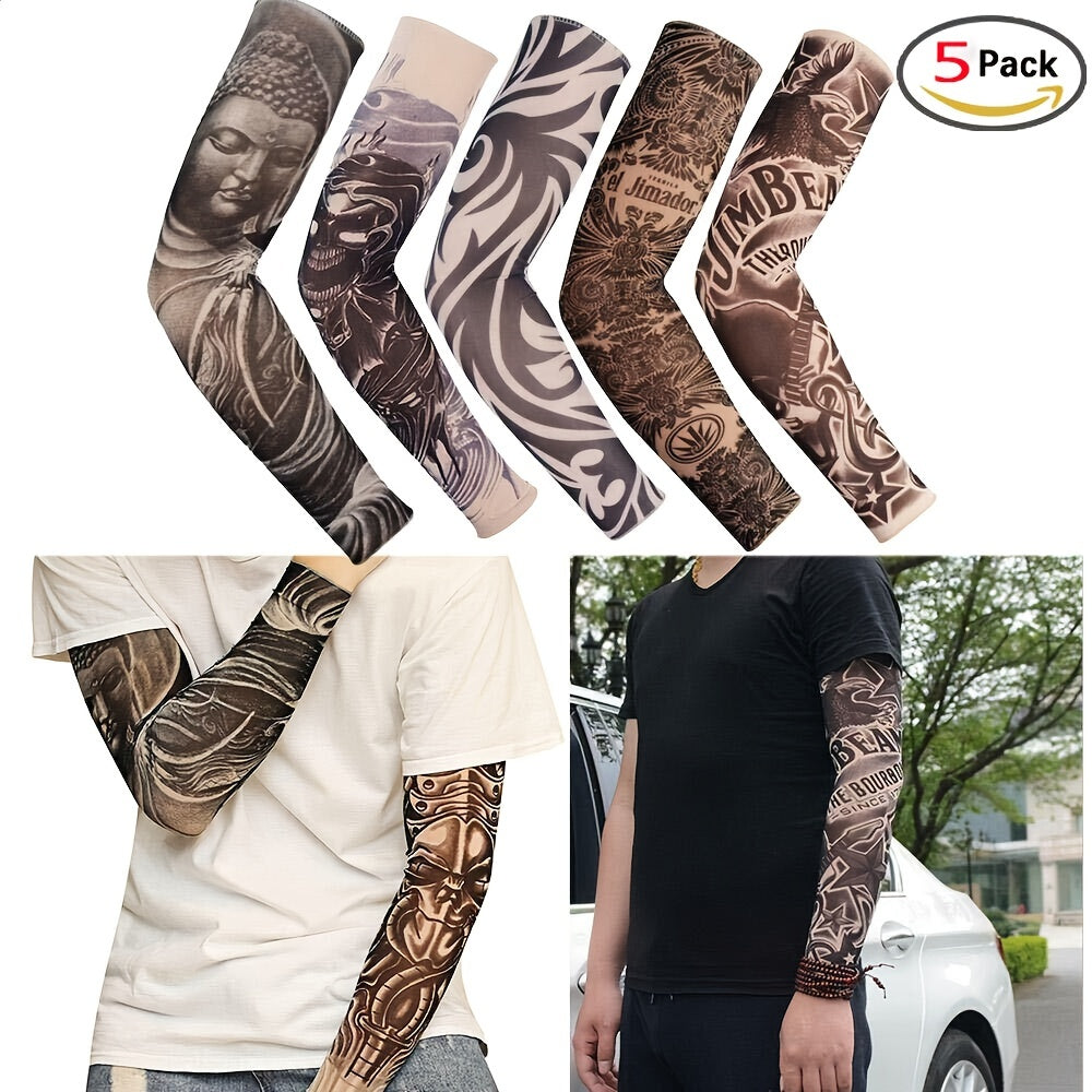 5pcs Tattoo Arm Sleeves UV Protection Ice Silk Sleeves for Outdoor Sports