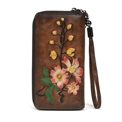 Floral Print Cowhide Wallet with Wrist Strap RFID Blocking