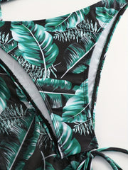 Plant Graphic Bikini Sets Halter V Neck High Cut Swimsuit Women's Swimwear