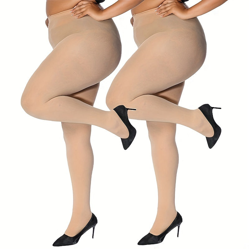2 Pairs Plus Size Casual Pantyhose Set Women's Plus Elastic Control Top Tights