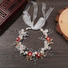 Fairy Golden Leaf Headband with Pearl Flower Hair Band for Girls