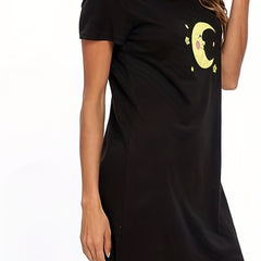 Moon Print NightDress Short Sleeve Pajama Dress Women's Sleepwear