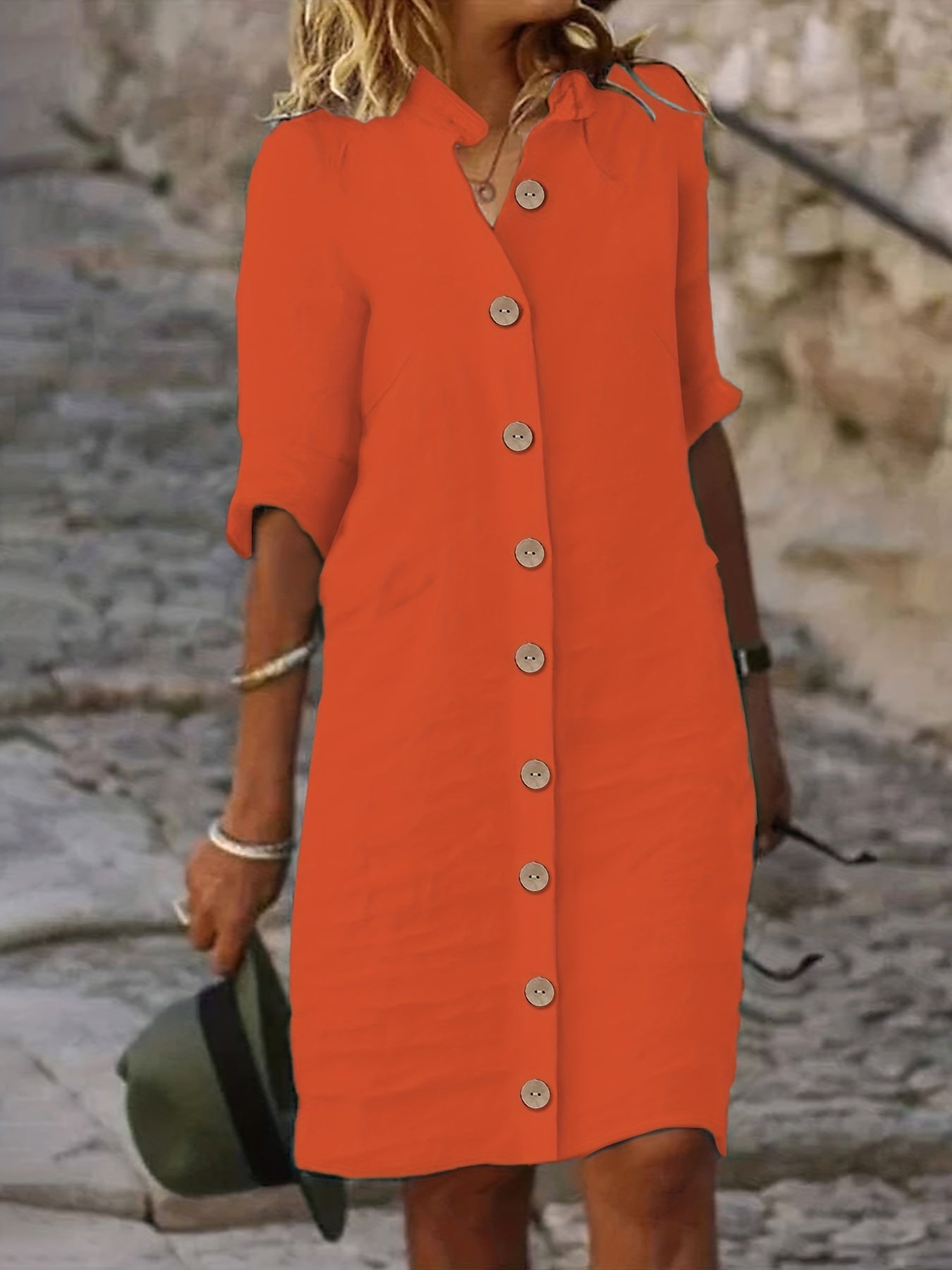 Solid Short Sleeve Button Up Shirt Dress