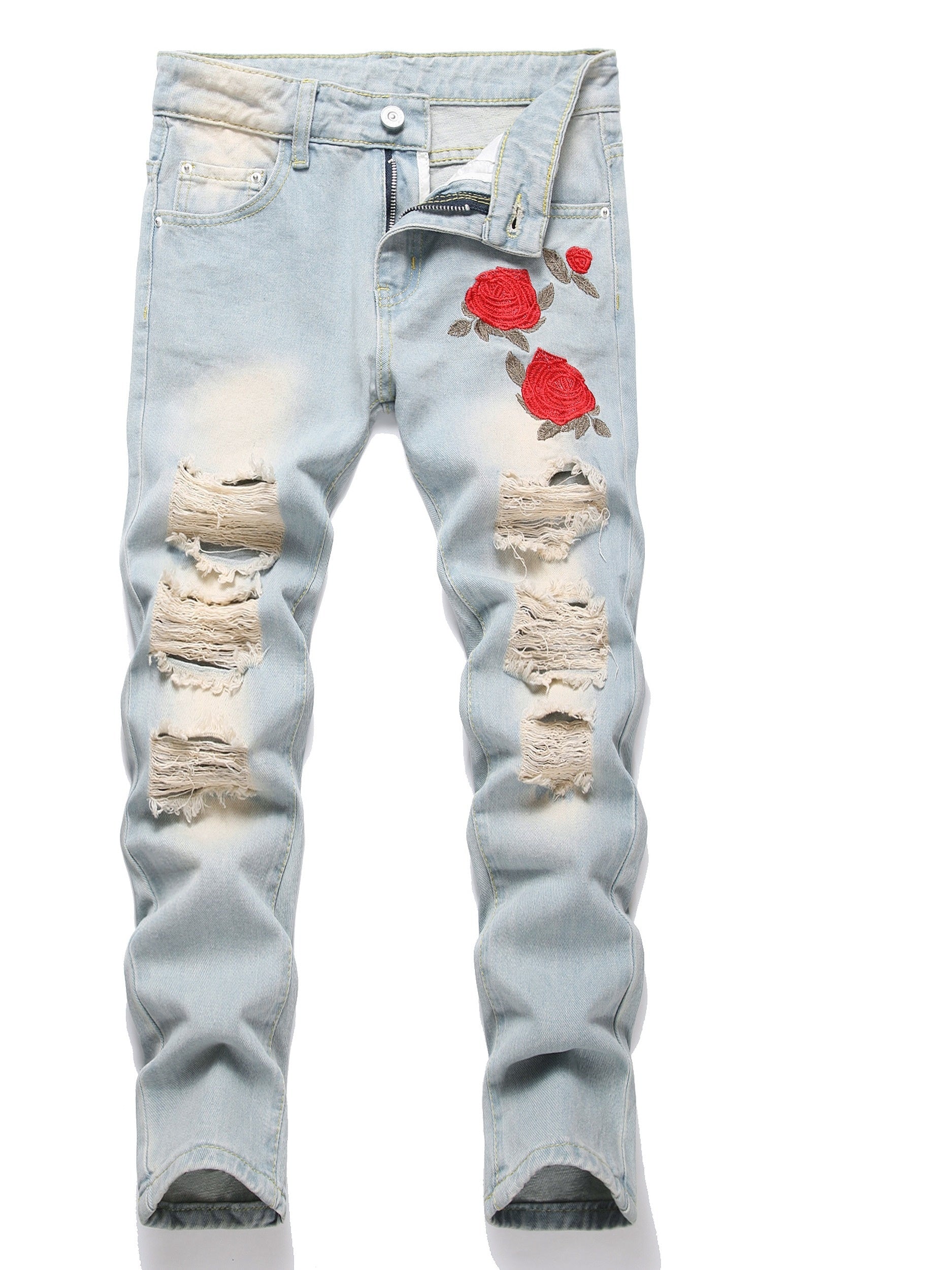 Boys Rose Print Ripped Jeans Denim Pants for Spring and Autumn