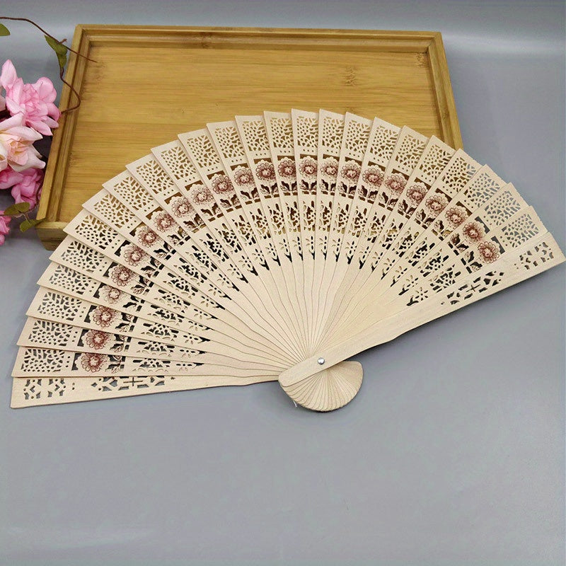 Chinese Vintage Wooden Folding Fan Sandalwood Hollow Design