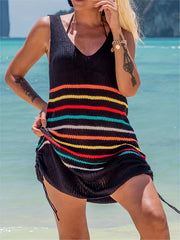 Striped Knitted Mini Dress V Neck Drawstring Dress Women's Clothing
