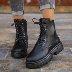 Women's Lace-Up Side Zipper Combat Boots Faux Leather Comfortable Boots