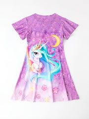 3D Unicorn Graphic Dress Girls Short Sleeve Party Gift Summer