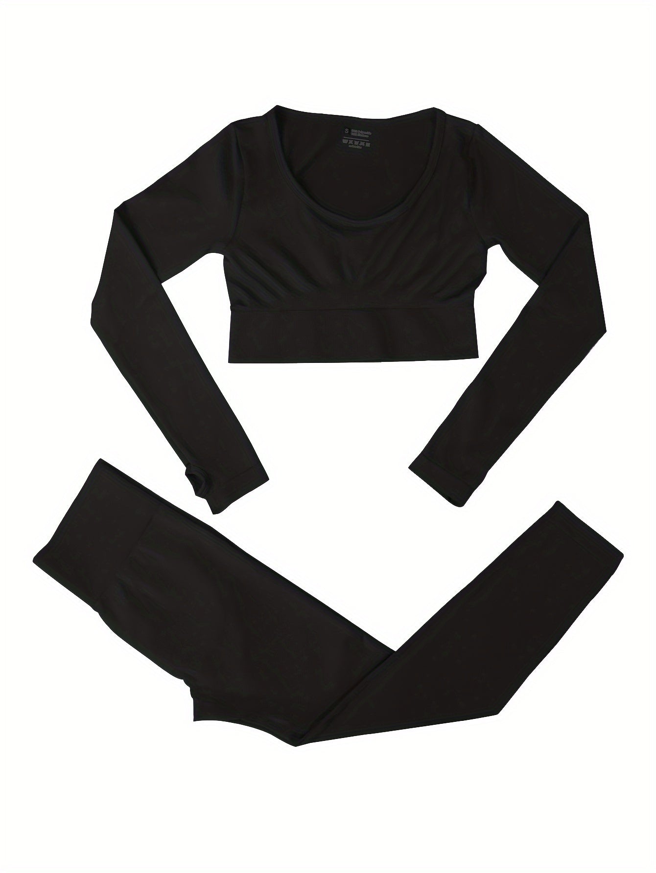 2pcs Solid Yoga Sports Sets Long Sleeve Crop Top & Leggings Women's Activewear