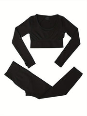 2pcs Solid Yoga Sports Sets Long Sleeve Crop Top & Leggings Women's Activewear