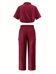 Solid V Neck Top & Pants Set