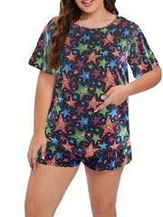 Heart Print Pajama Set Short Sleeve Comfy Two Piece