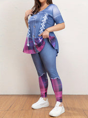 Denim Print Peplum Top & Leggings Set