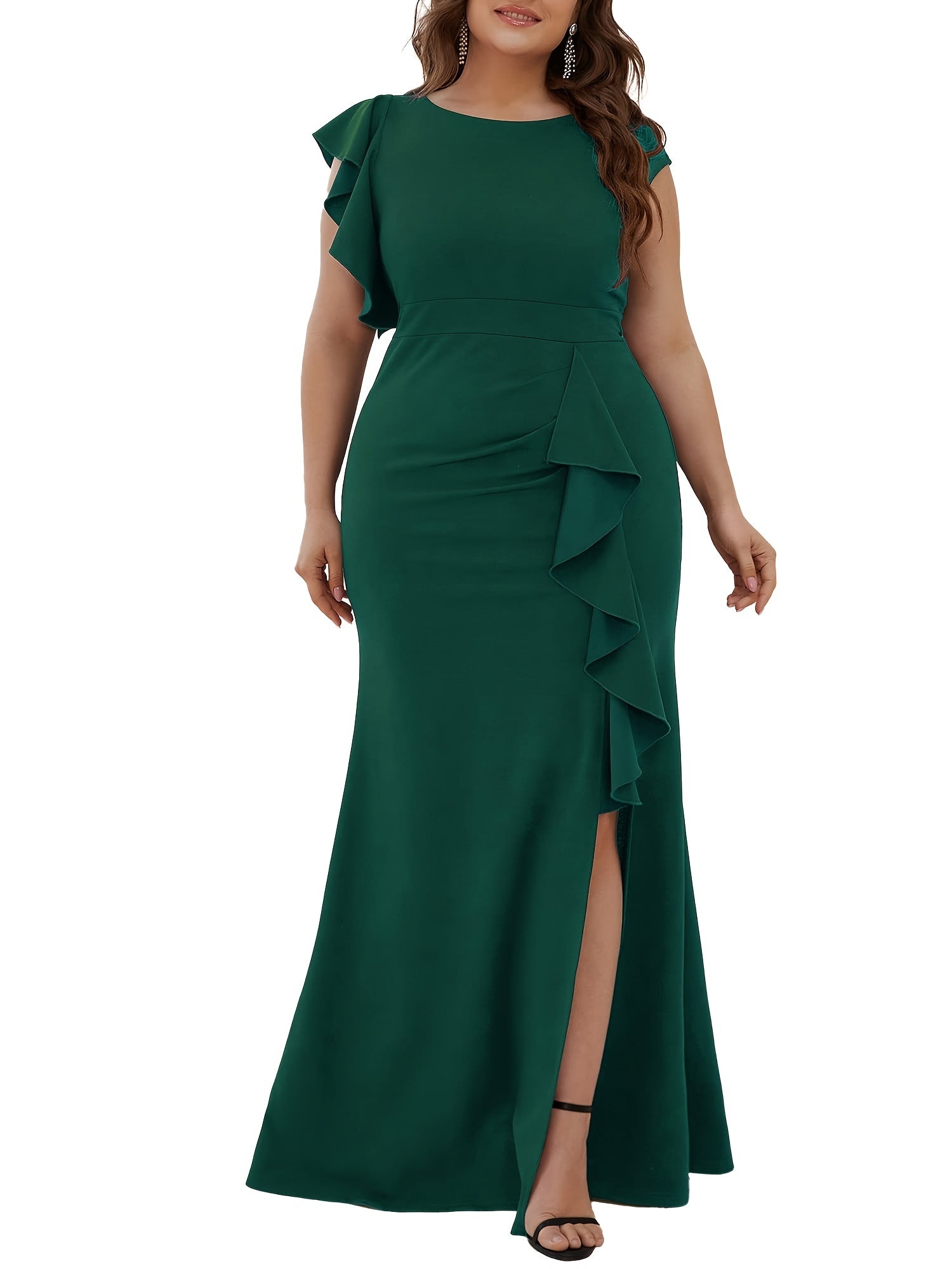 Bodycon Mermaid Maxi Dress Women's Plus Ruffle Sleeve Evening Dress